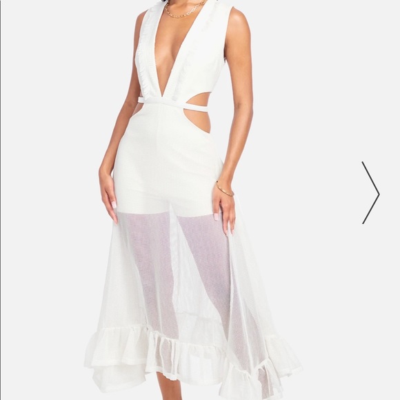 bebe Dresses & Skirts - White Fringe Mesh Plunge Maxi Romper